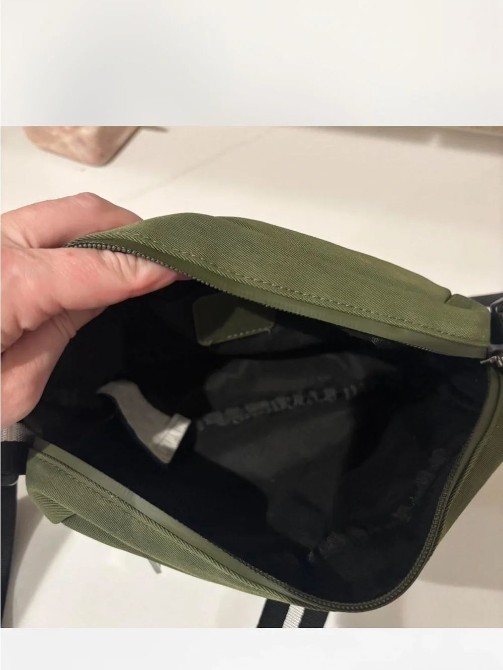 Pajar Olive Green Crossbody Belt Bag with Black & White Strap